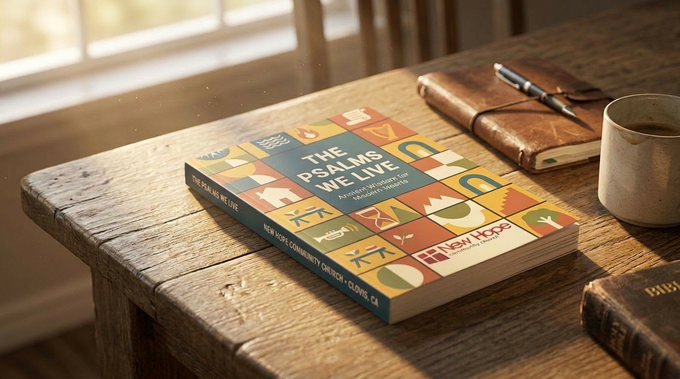 The Psalms We Live devotional on a wooden table with coffee and journal