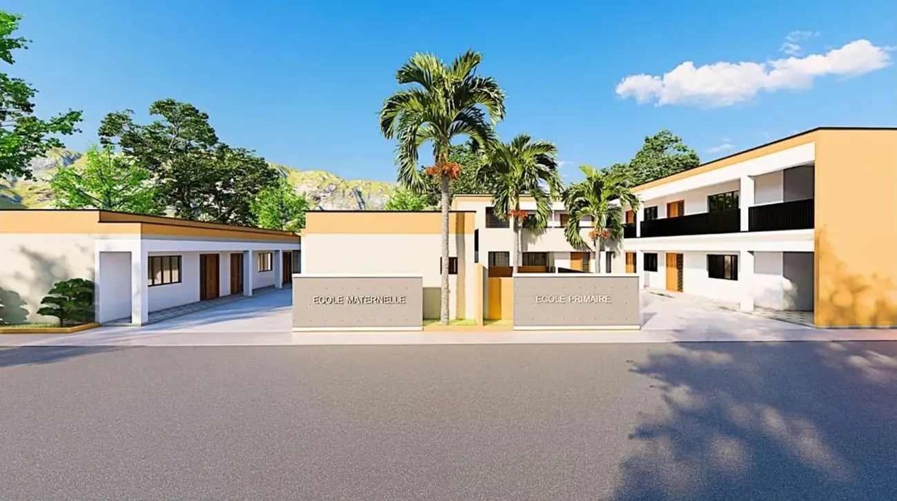 Rendering of the kindergarten and the elementary school side by side, each with its own sign, École Maternelle and École Primaire, with palm trees between them.
