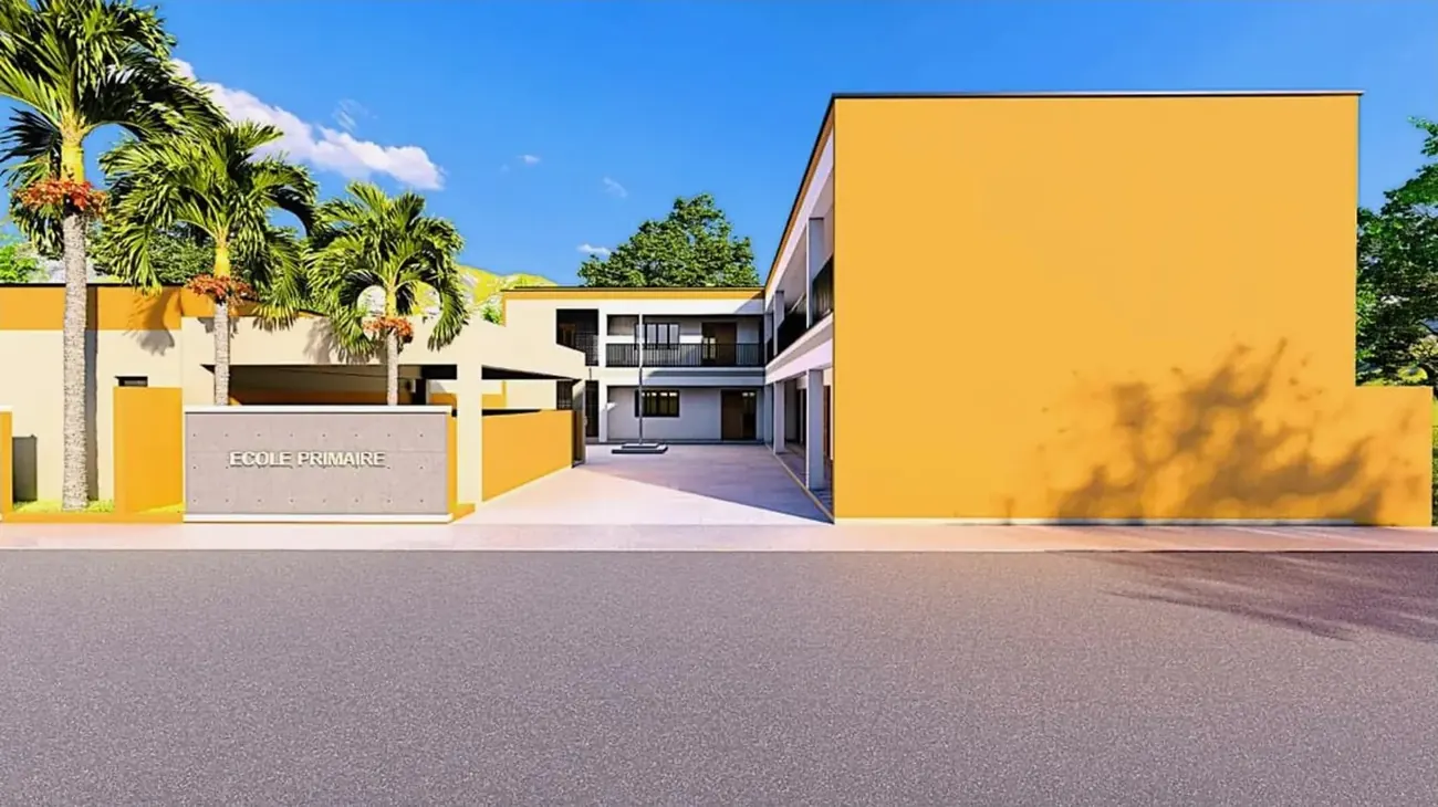 Rendering of a two-story elementary school with an orange wall and palm trees beside a sign that reads École Primaire.