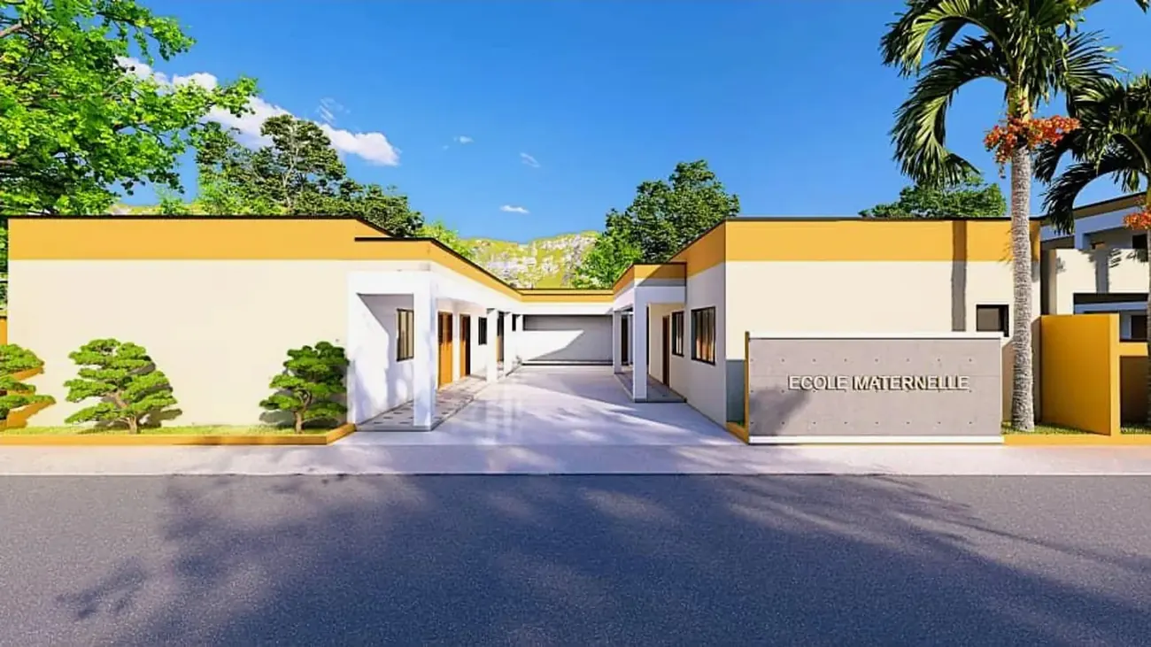 Rendering of a low kindergarten building around a courtyard, with a sign that reads École Maternelle.