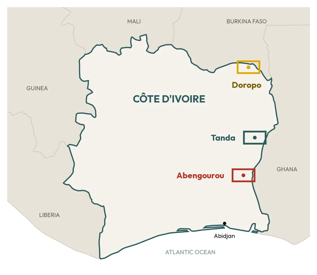 Map of Côte d'Ivoire with three towns marked by boxes: Doropo in the far northeast near the Burkina Faso border, Tanda in the east, and Abengourou in the southeast near the Ghana border.