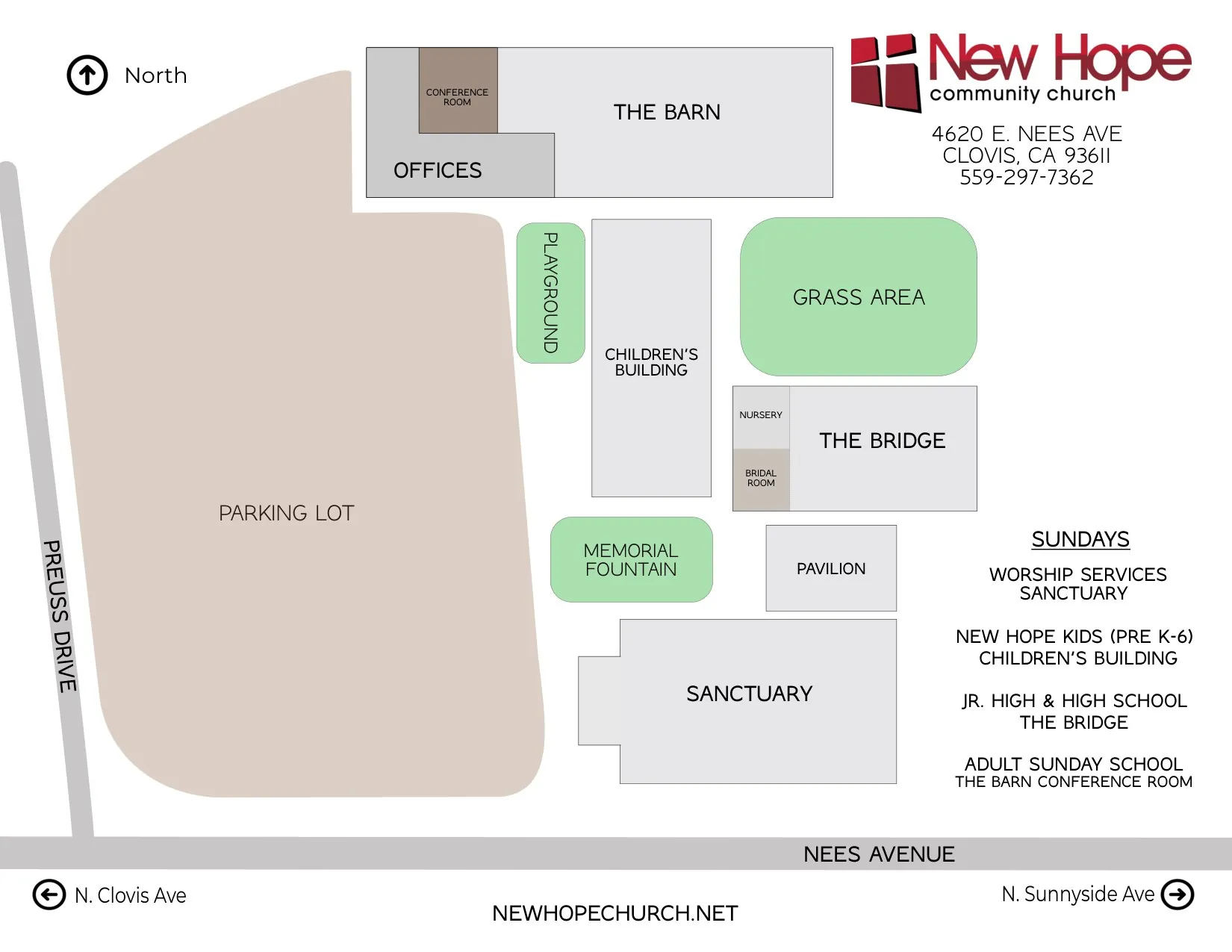 Campus map of New Hope in Clovis showing parking and the building entrances