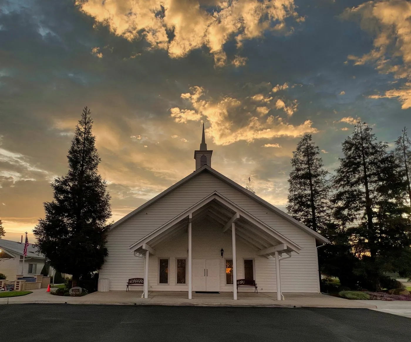 The New Hope Community Church sanctuary exterior at golden hour in Clovis, California