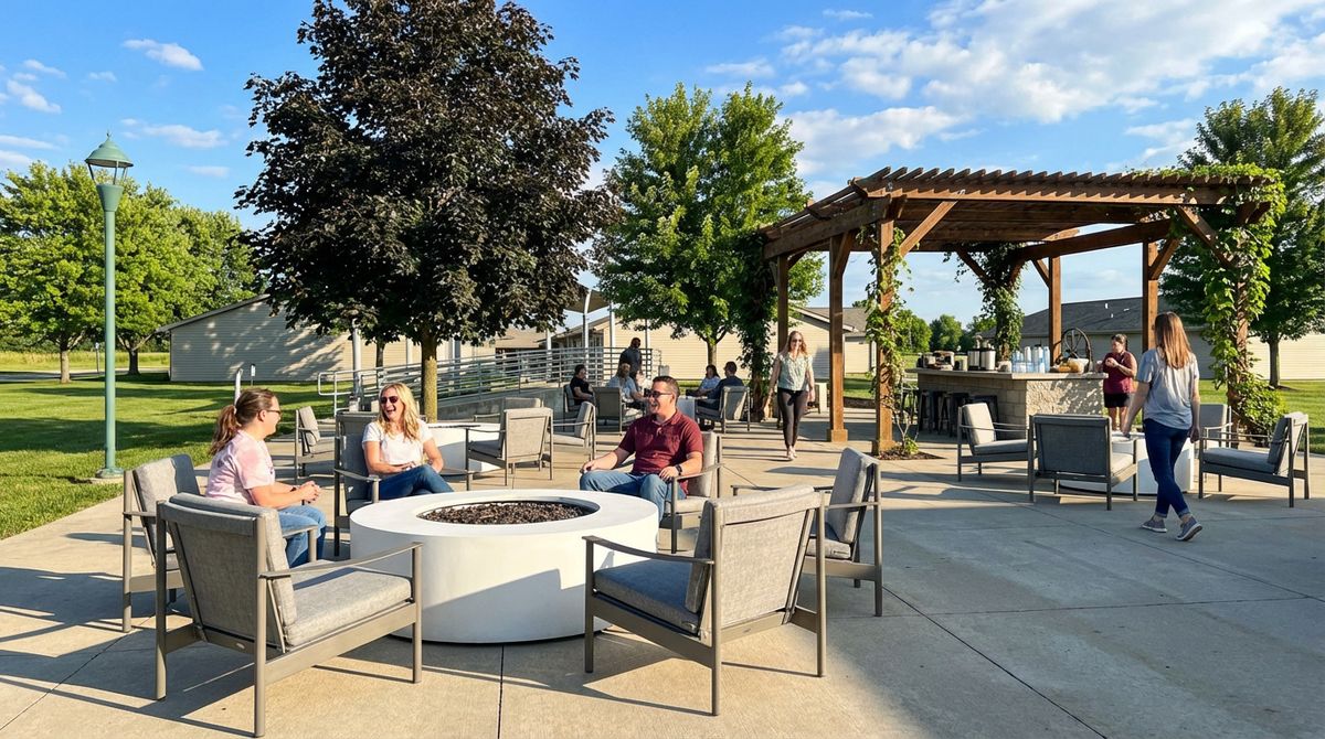 Families gathered around an outdoor fire-pit patio at the New Hope Marion property