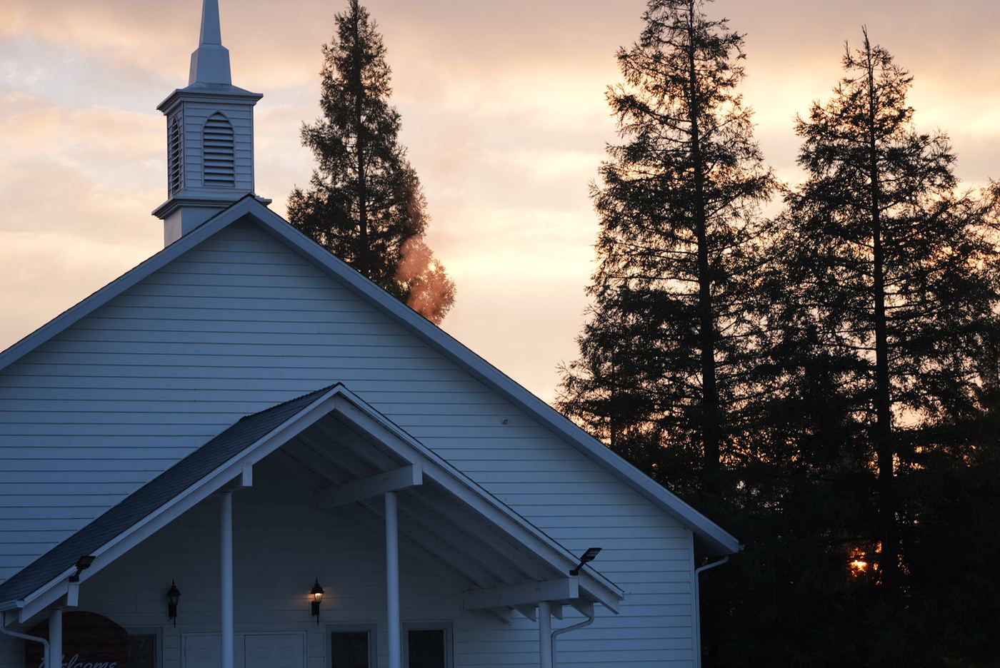 The front porch of New Hope Community Church at first light, Clovis, CA