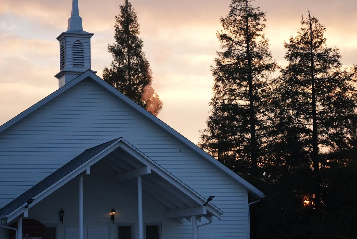 The front porch of New Hope Community Church at first light, Clovis, CA