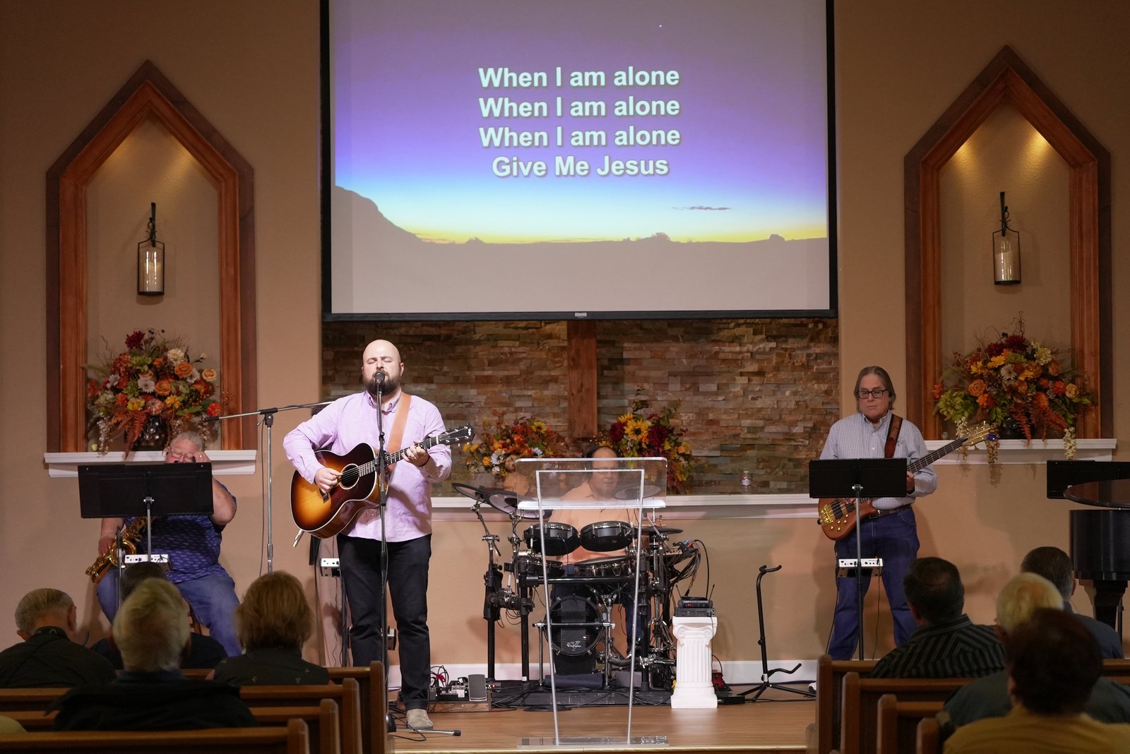 The 30-year anniversary Sunday morning service at New Hope, October 2022, with worship team on stage