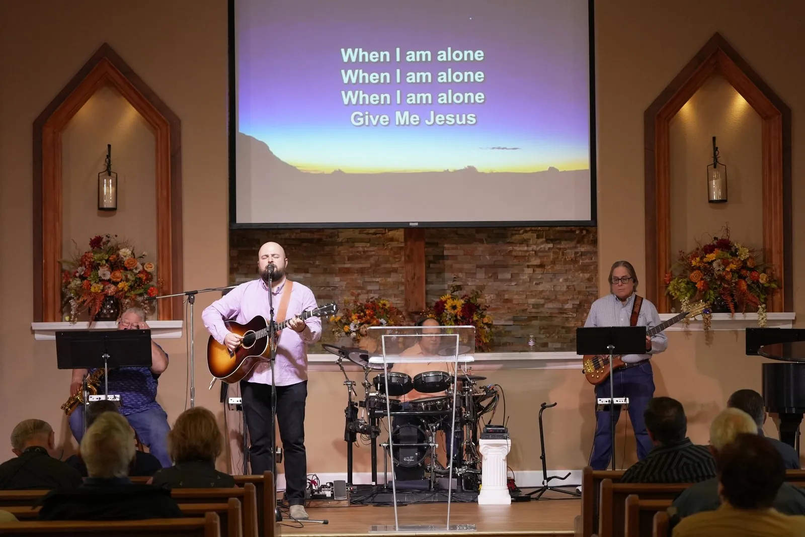 The 30-year anniversary Sunday morning service at New Hope, October 2022, with worship team on stage