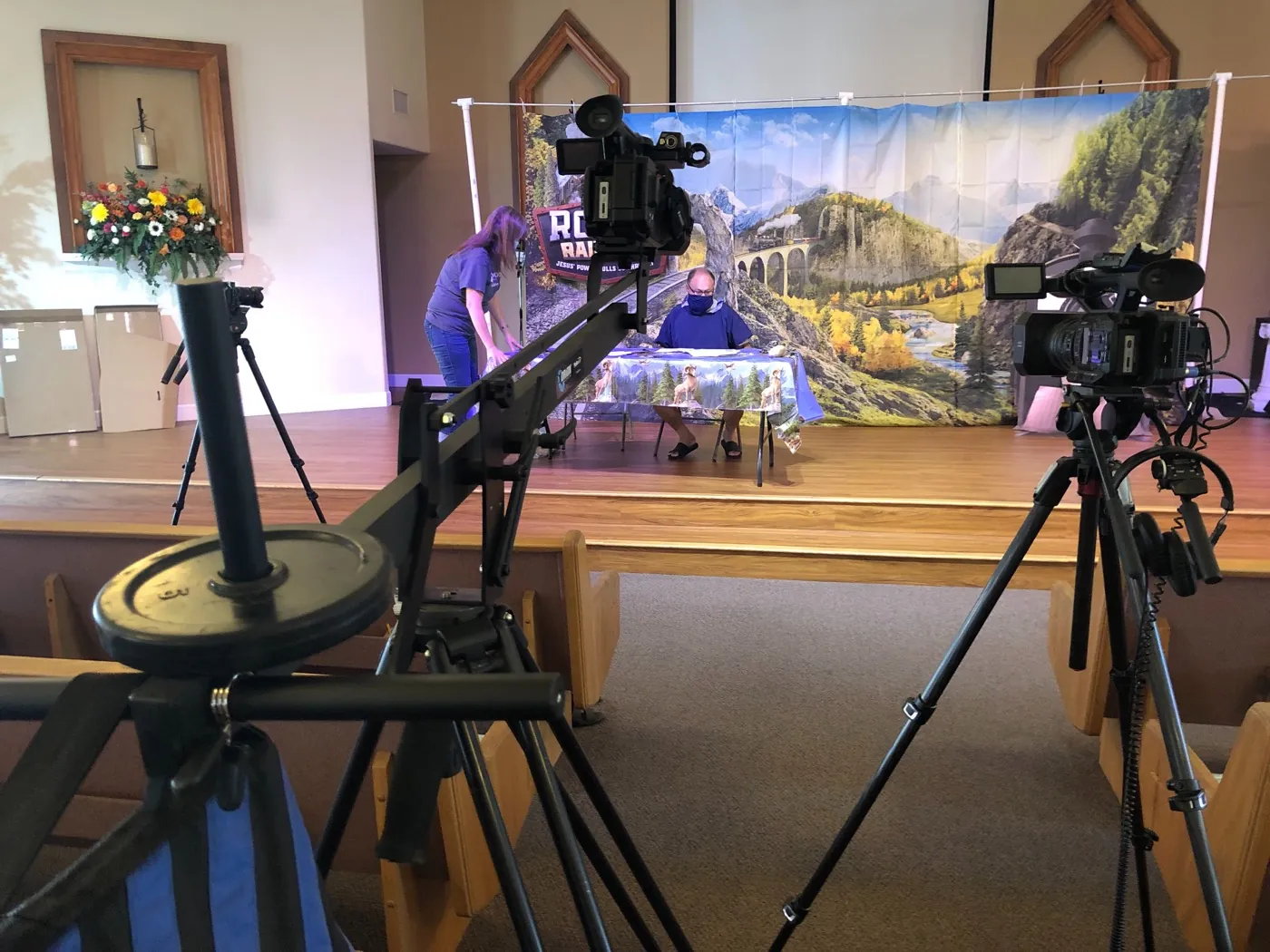 A New Hope media team camera mounted on a jib in the sanctuary