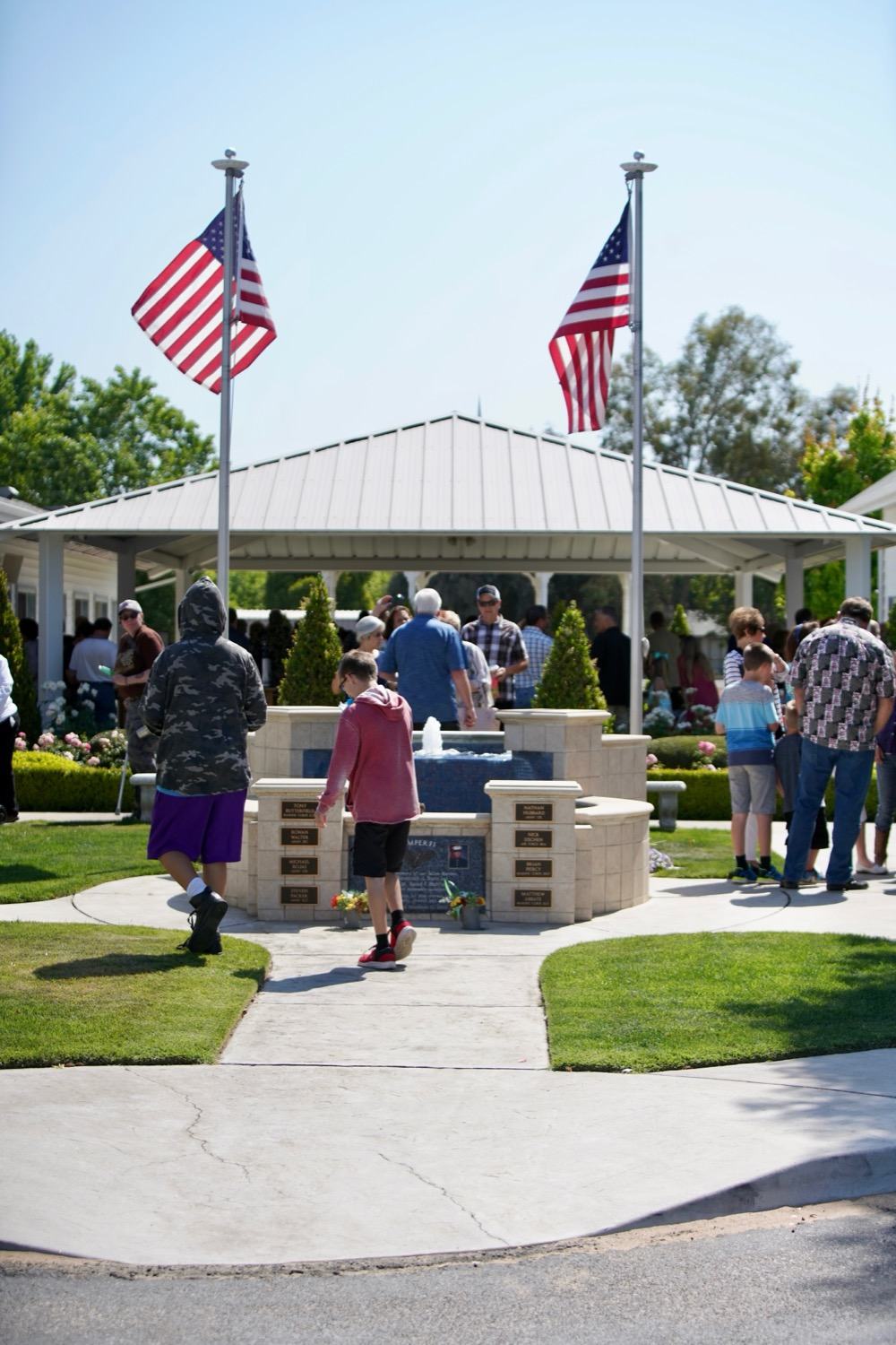 New Hope families gathering at the campus pavilion after a Sunday service in Clovis