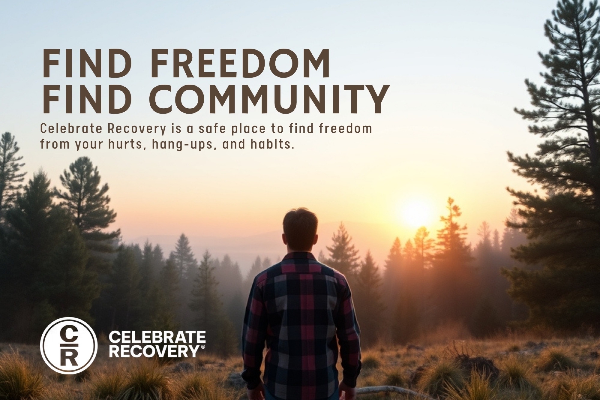 Celebrate Recovery information postcard with meeting details and contact info