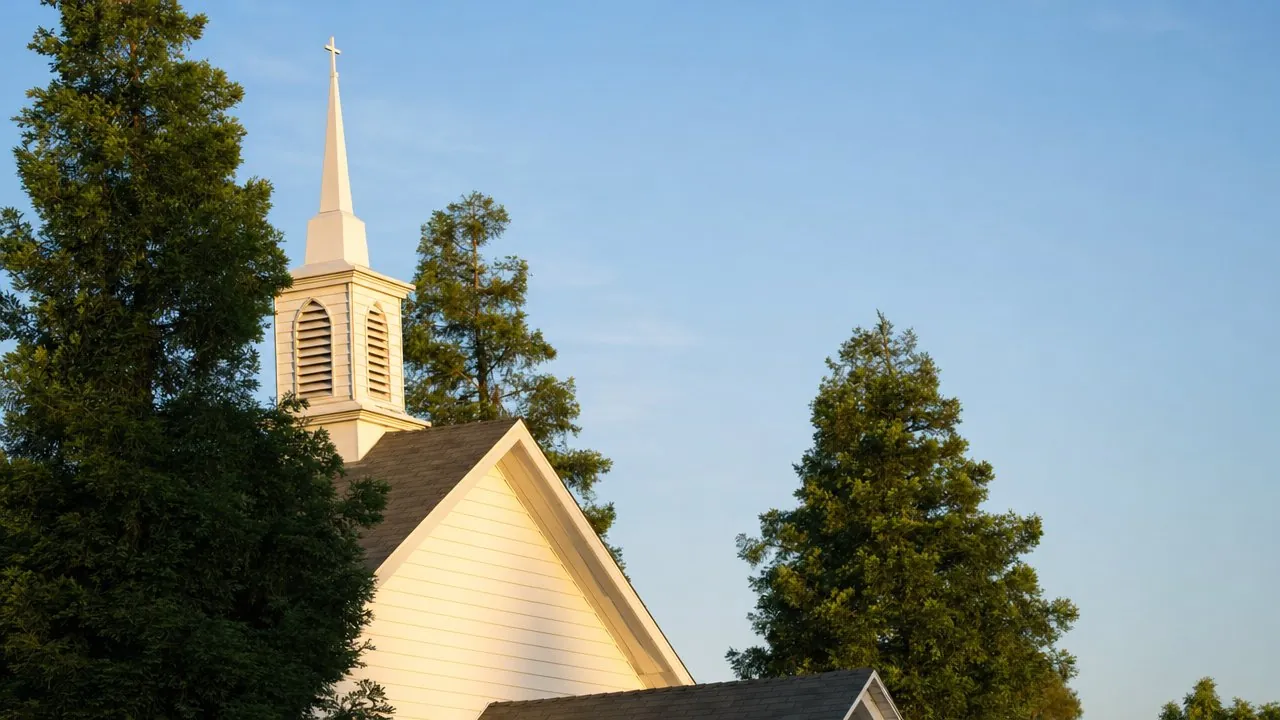 The New Hope Community Church building on Nees Avenue in Clovis at golden hour