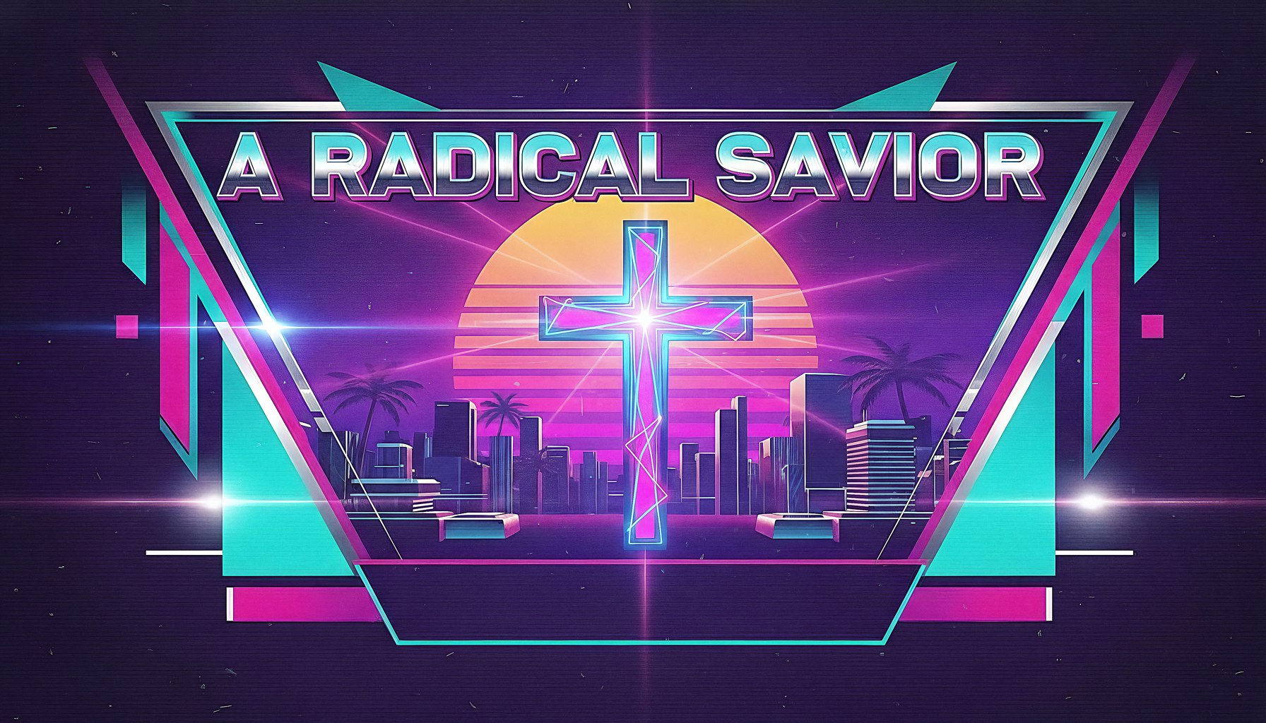 Chrome lettering and a neon cross above a skyline and striped sunset
