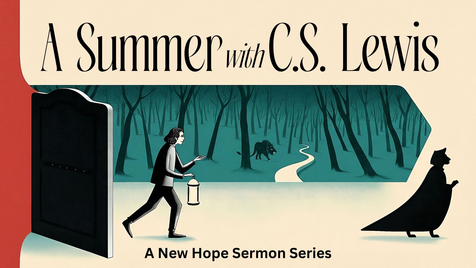 Illustrated series artwork: a wardrobe door opening onto a wooded path where a lantern-bearer walks past a faun and a wolf