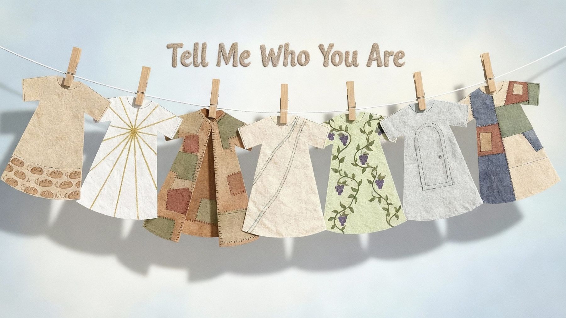 Series artwork: seven hand-stitched garments hanging on a clothesline, each one picturing an I Am statement of Jesus, from bread of life to the true vine