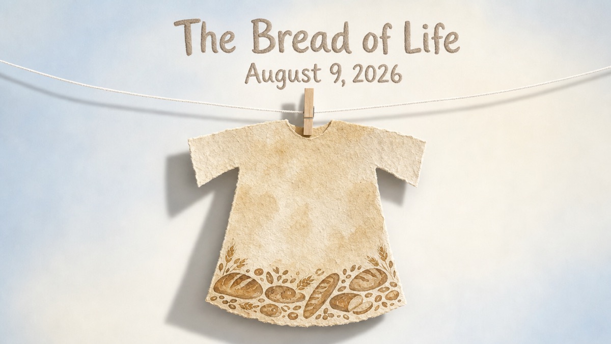 The Bread of Life, a tan tunic stitched with loaves of bread, hanging on a clothesline. August 9 sermon graphic.