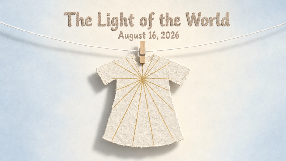 The Light of the World, a cream tunic with golden sunburst rays, hanging on a clothesline. August 16 sermon graphic.