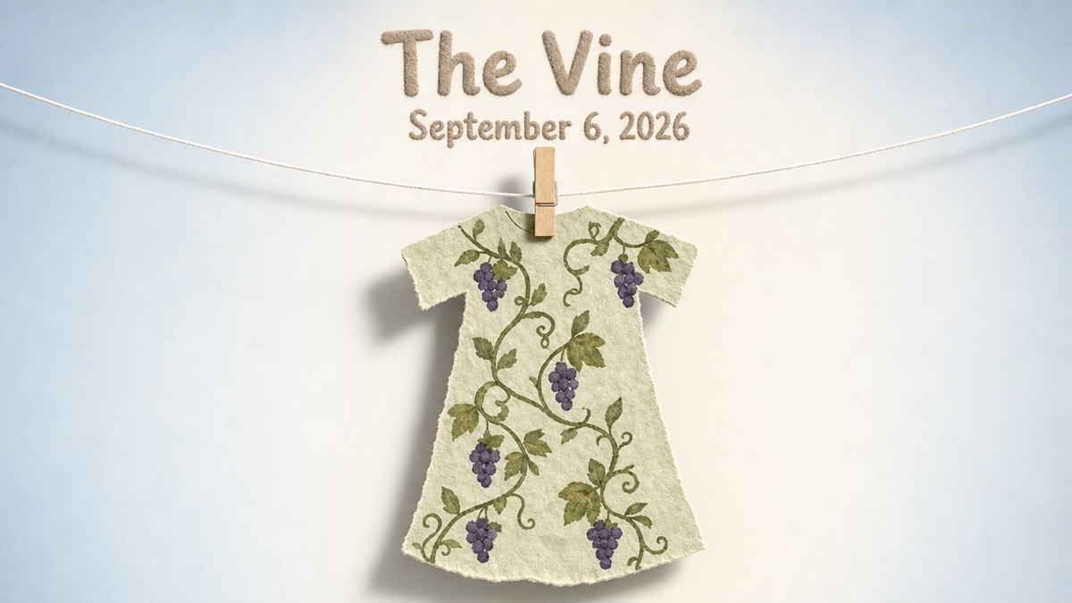 The Vine, a sage tunic embroidered with grapevines and clusters of grapes, hanging on a clothesline. September 6 sermon graphic.