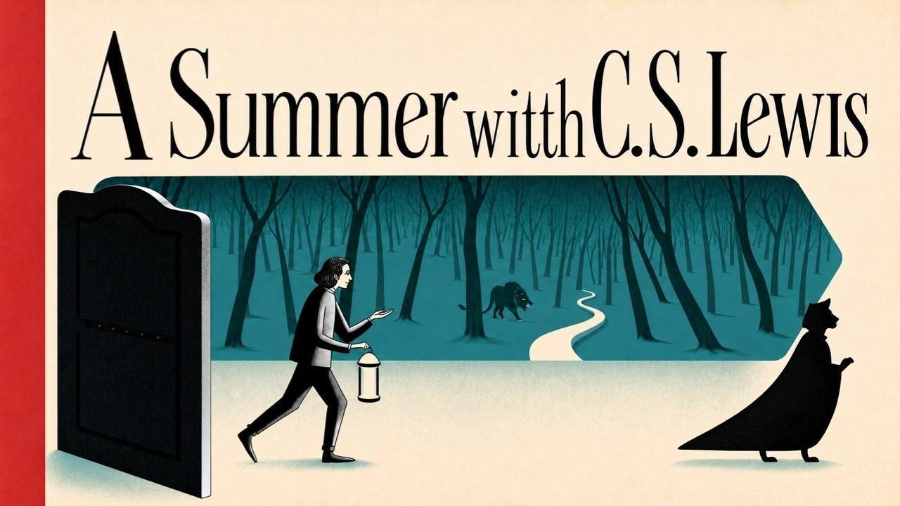 Illustrated series artwork: a wardrobe door opening onto a wooded path where a lantern-bearer walks past a faun and a wolf