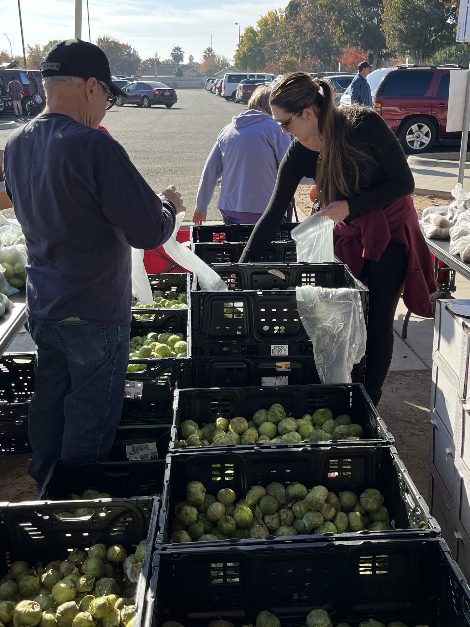 Volunteers sorting crates of fresh produce at a Sovereign Ministries food pantry
