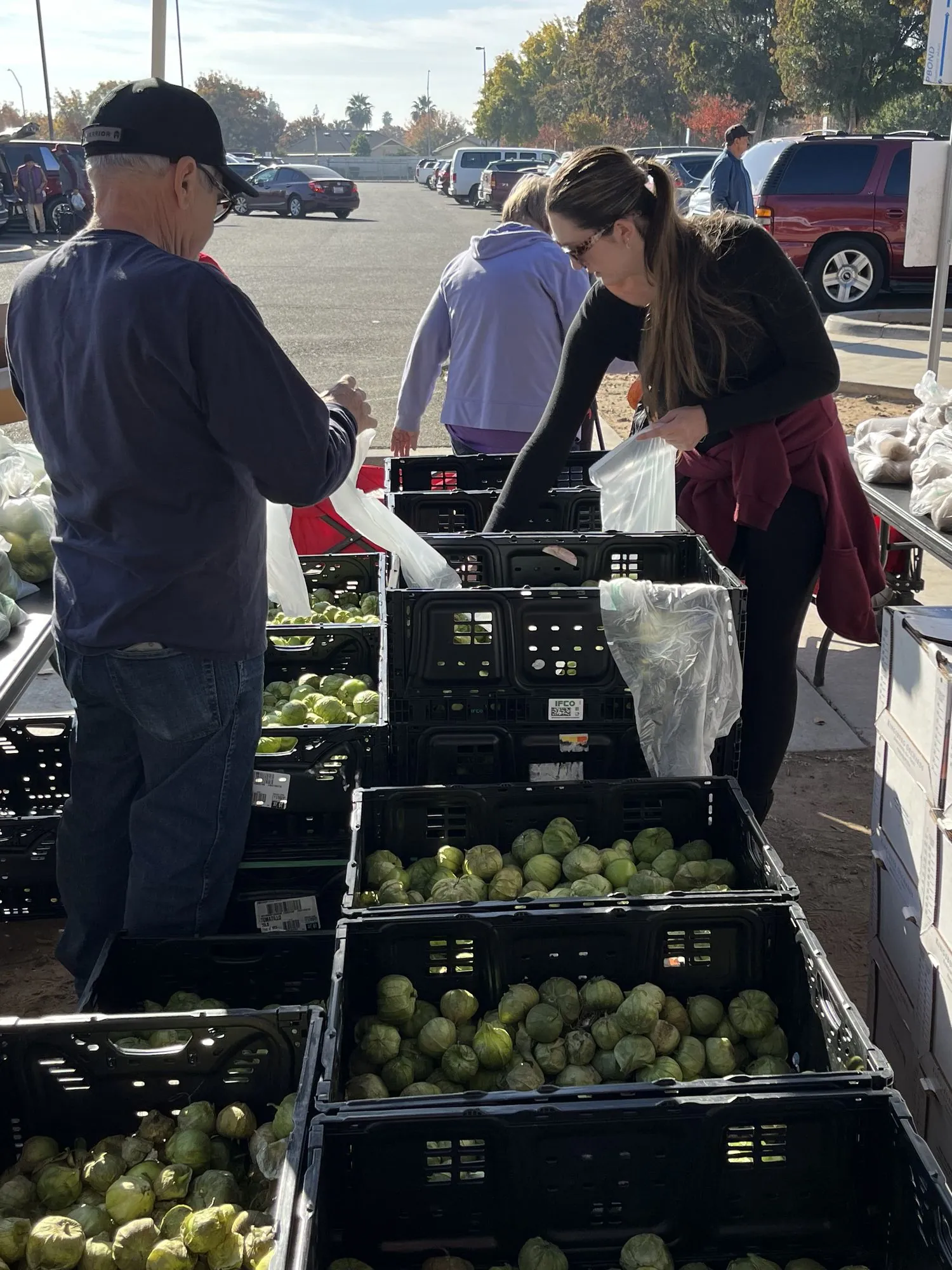 Volunteers sorting crates of fresh produce at a Sovereign Ministries food pantry