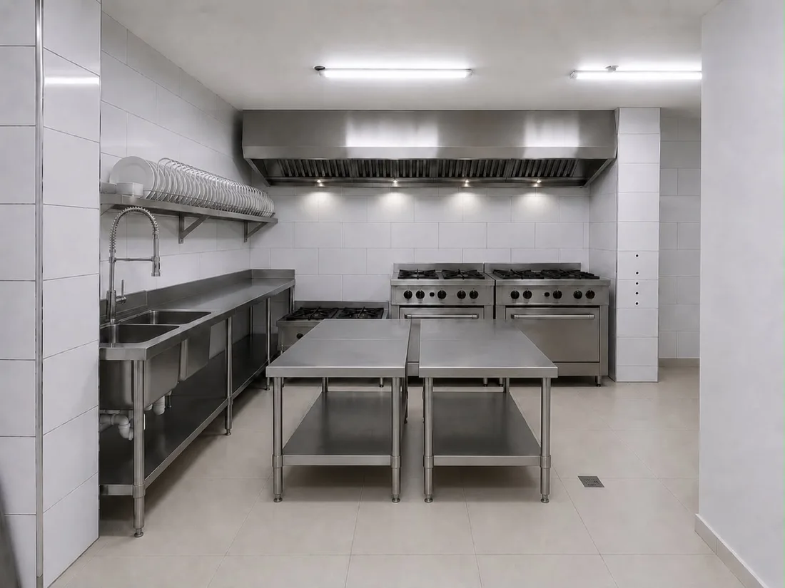 A newly finished commercial kitchen with stainless steel counters and stoves.