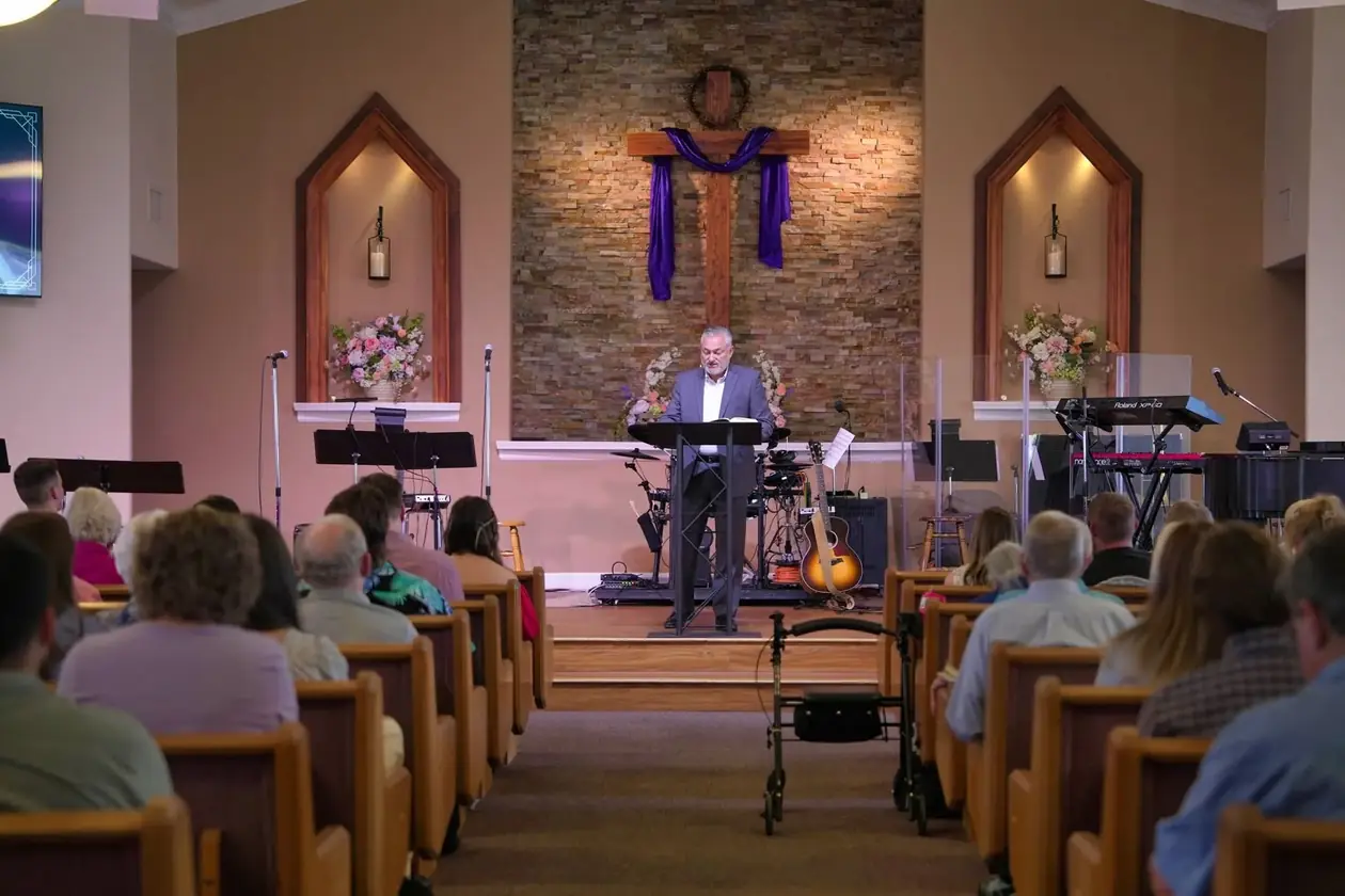 The congregation gathered for worship in the sanctuary