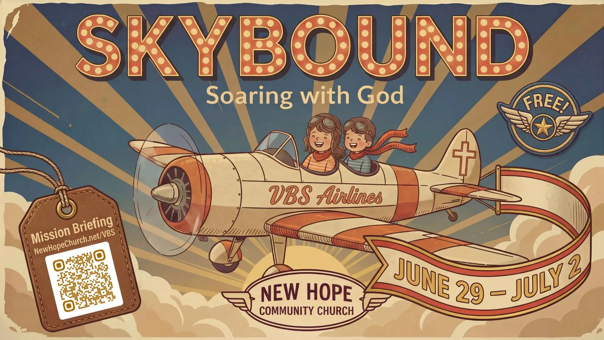 Skybound VBS 2026 promo poster, two cadet pilots flying a propeller plane through golden sunburst clouds